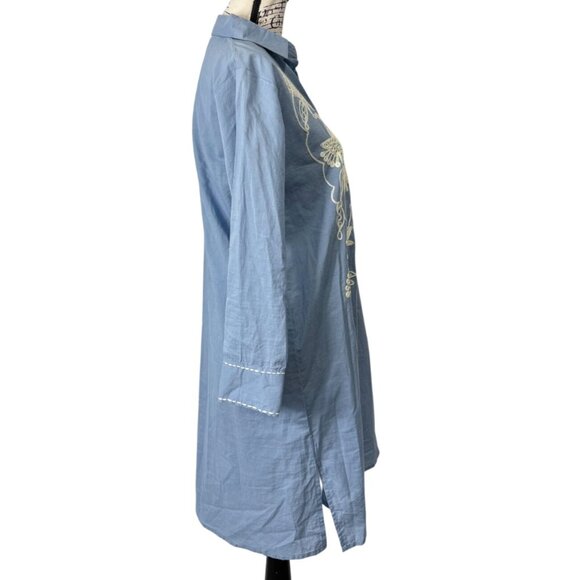 Debbie Katz South Beach Womens Shirt Dress Blue Cotton Embroidered Floral Size S - Picture 2 of 7